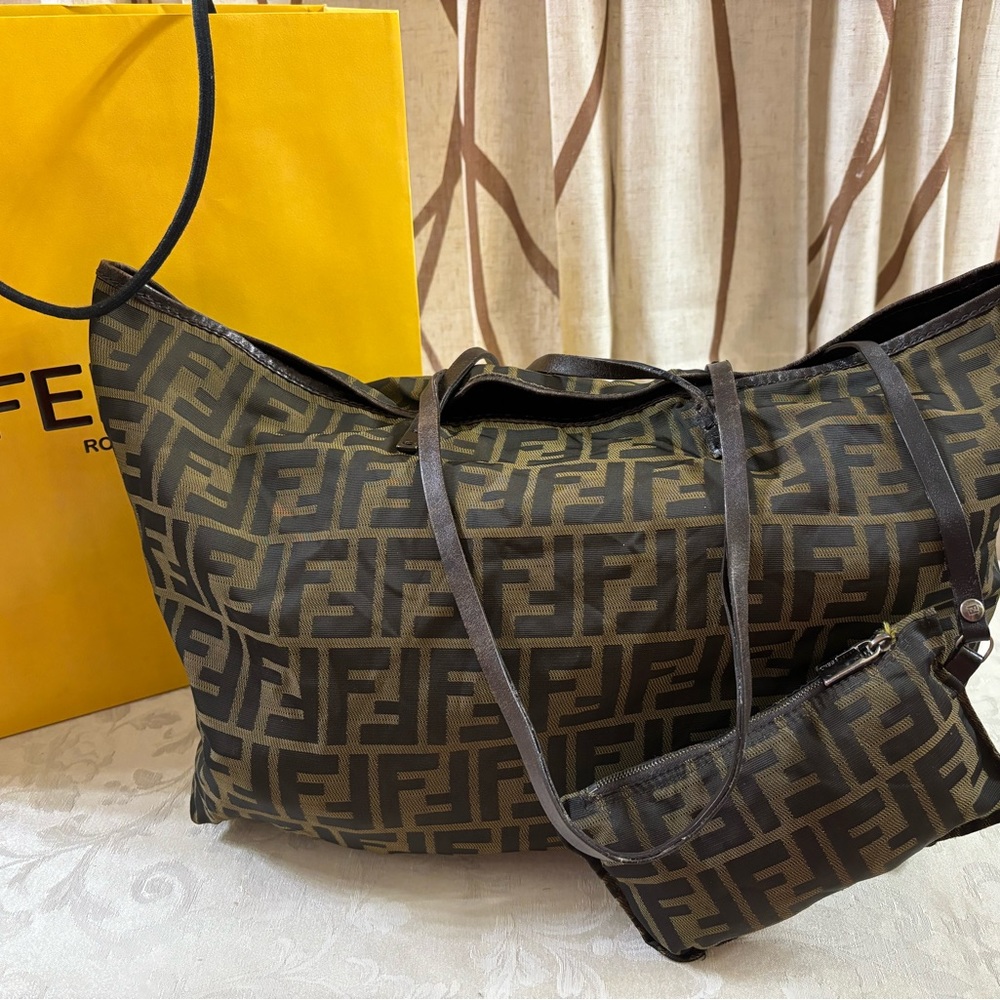 Fendi Brown Black Zucca Logo Tote with Pouch